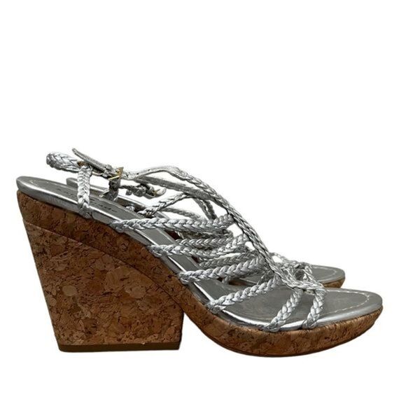 Kate Spade Felix Silver Leather Cork Wedge Sandal 9.5 - Picture 2 of 6
